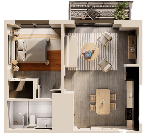 Floor plan for 1 bed, 1 bath, 630 sqft
